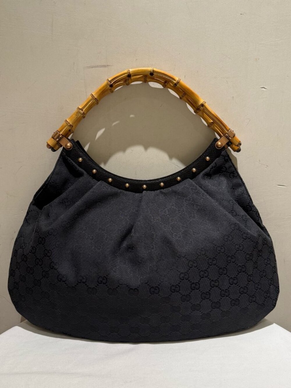 Gucci Vintage Black GG Canvas Bamboo Handle Hobo Bag